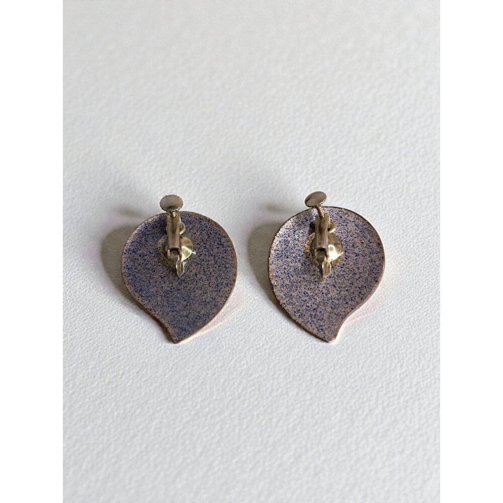 Vintage 1950s-1970s Enamel Copper Earrings, Purple and Blue Abstract Design - Picture 3 of 6